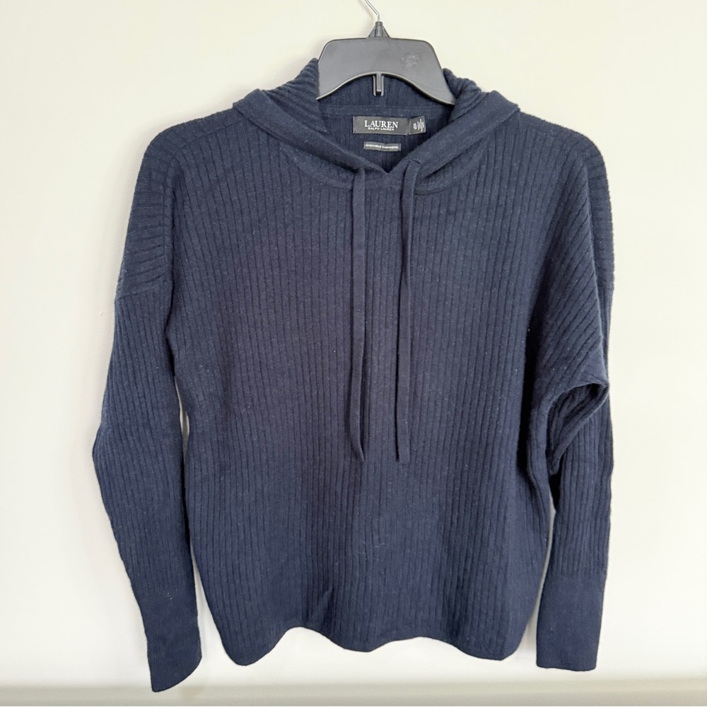 LAUREN RALPH LAUREN Washable 100% Cashmere Ribbed Hoodie Sweater Womens XL Navy